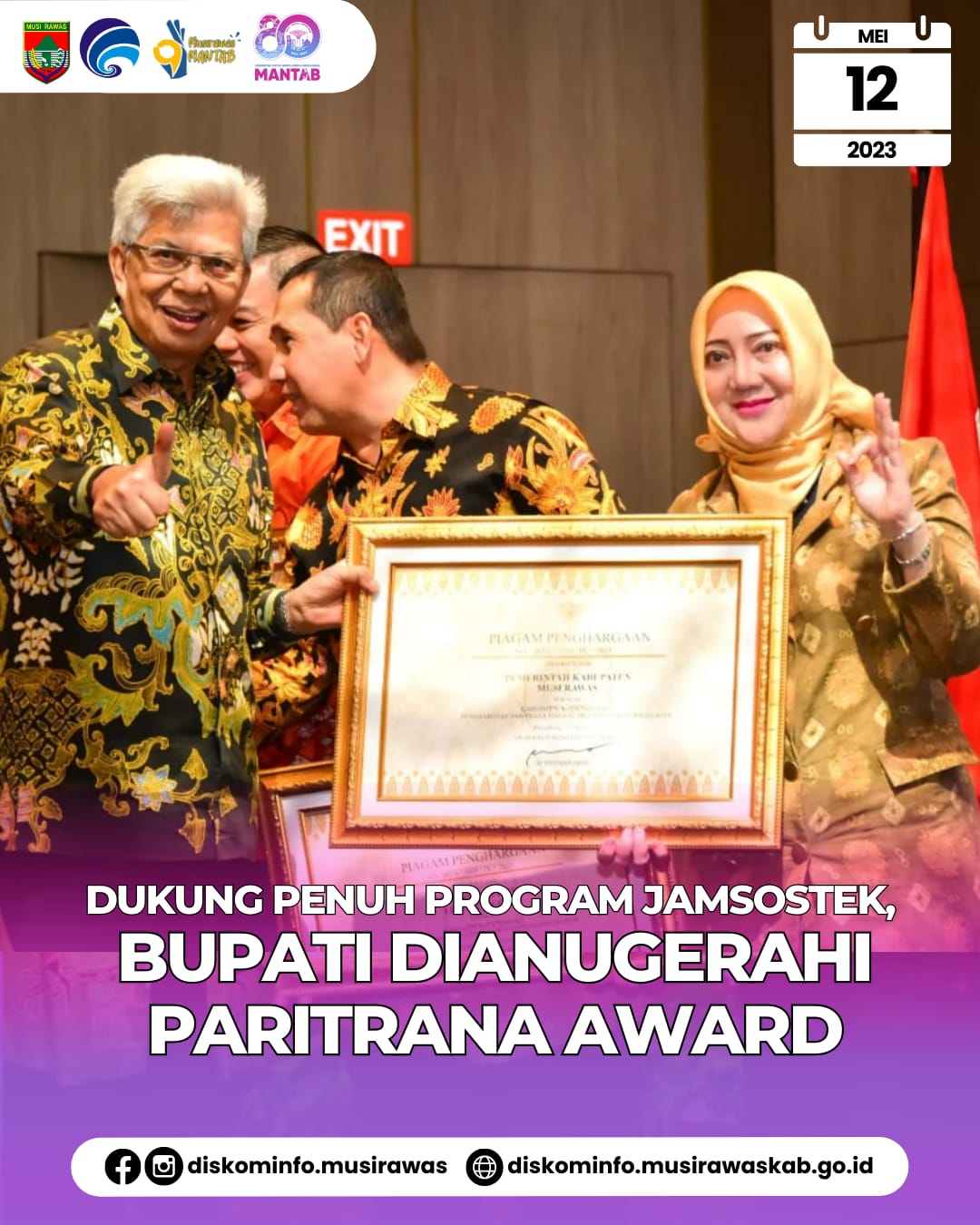Dukung Penuh Program Jamsostek, Bupati Mura Dianugerahi Paritrana Award