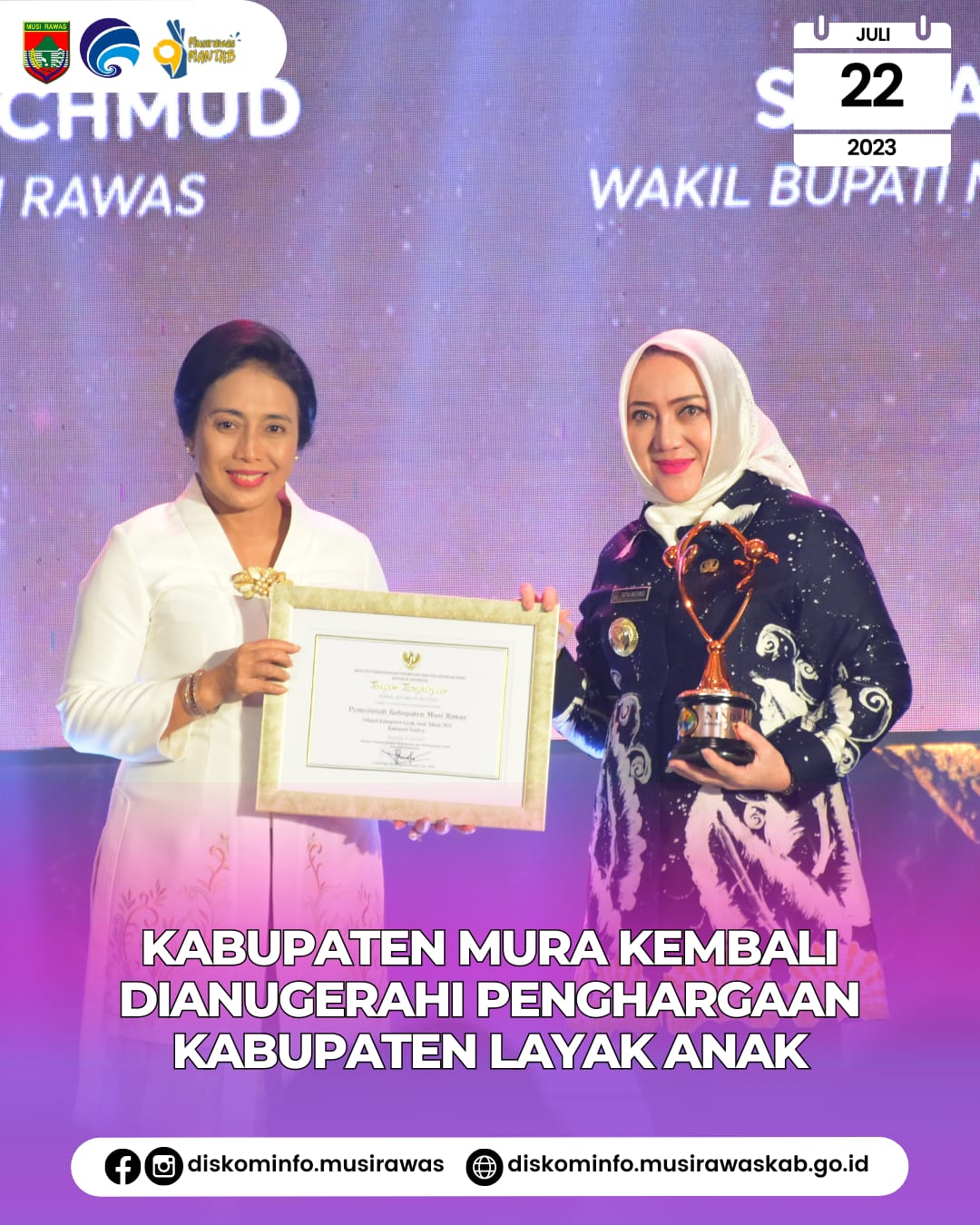 Kabupaten Musi Rawas Kembali Raih Penghargaan Kabupaten Layak Anak Kategori Nindya