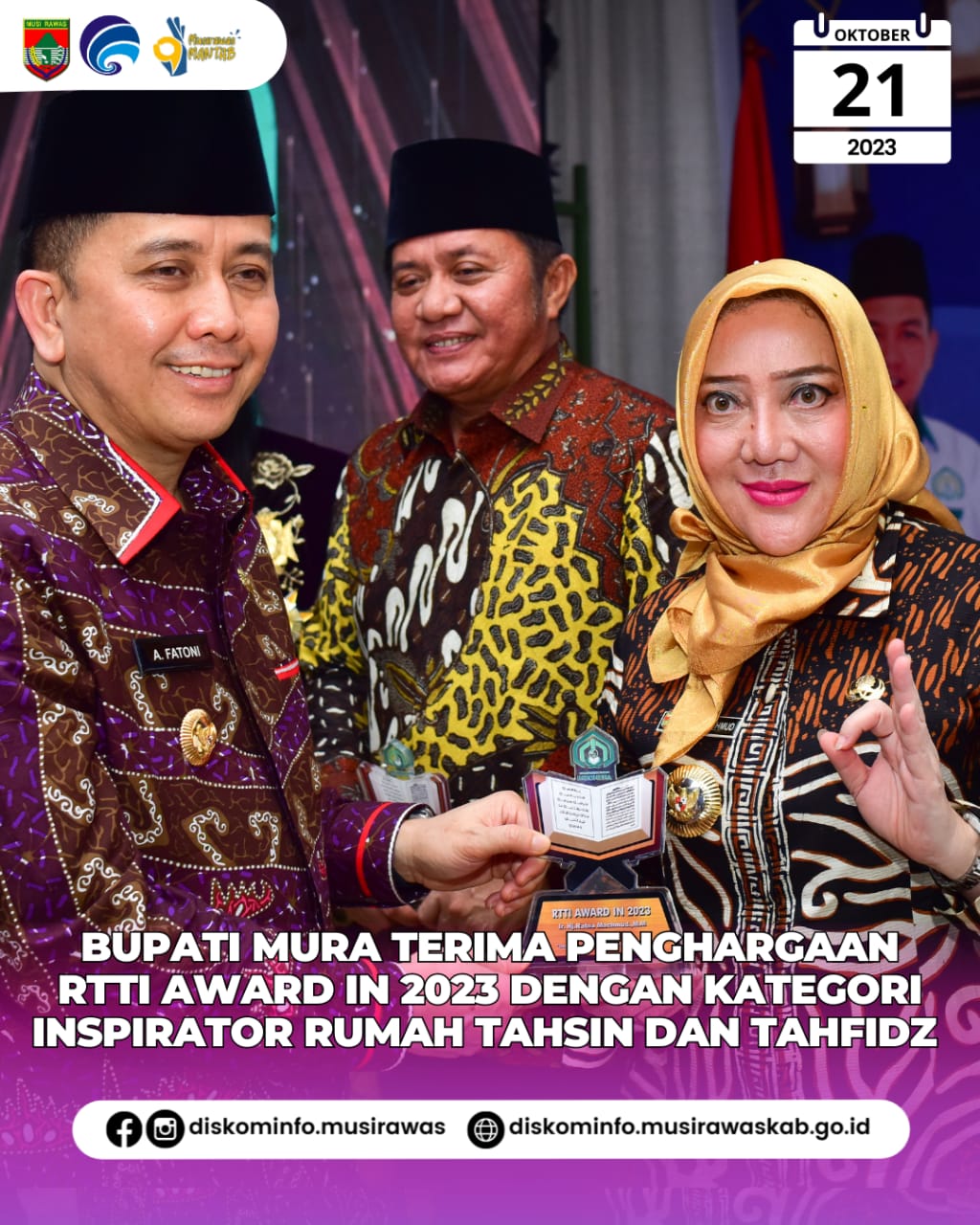 Bupati Musi Rawas Hj. Ratna Machmud terima penghargaan RTTI Award 2023 kategori Inspirator Rumah Tahsin dan Tahfidz