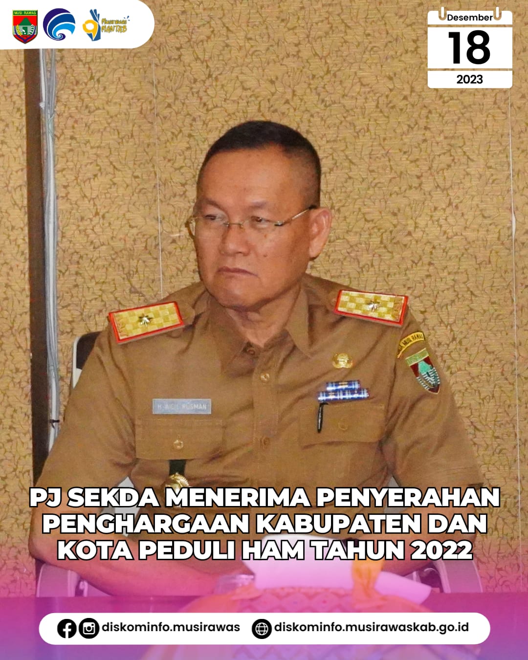 PJ. Sekda wakili Penerimaan Penghargaan Kabupaten/Kota Peduli HAM Tahun 2022
