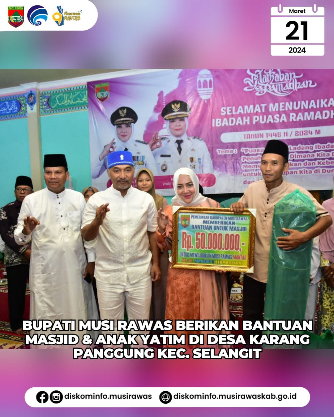 Bupati Musi Rawas Berikan Bantuan Masjid dan Anak Yatim Di desa Karang Panggung, Selangit