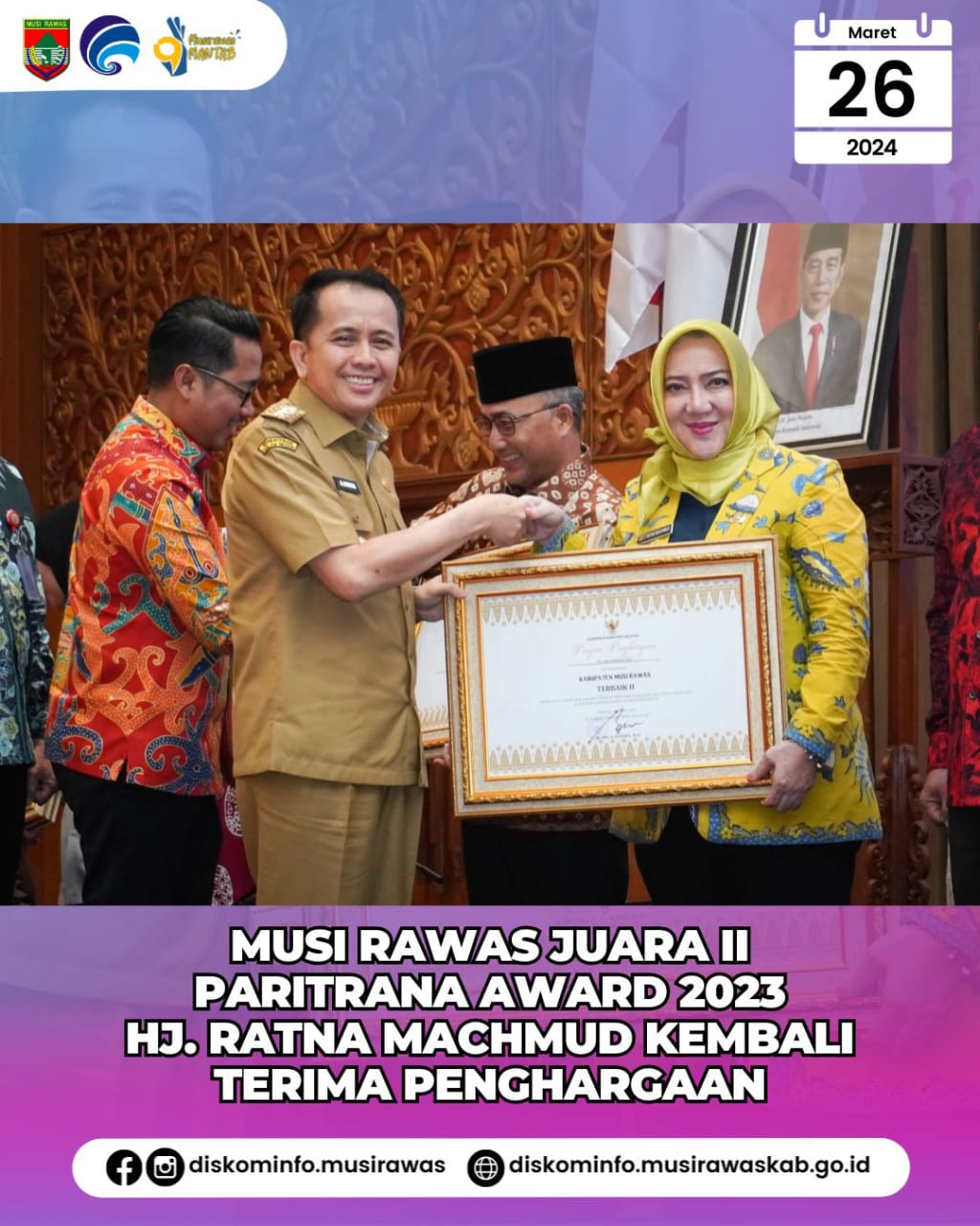 Musi Rawas Juara II Paritrana Award 2023 Hj. Ratna Machmud Kembali Terima Penghargaan