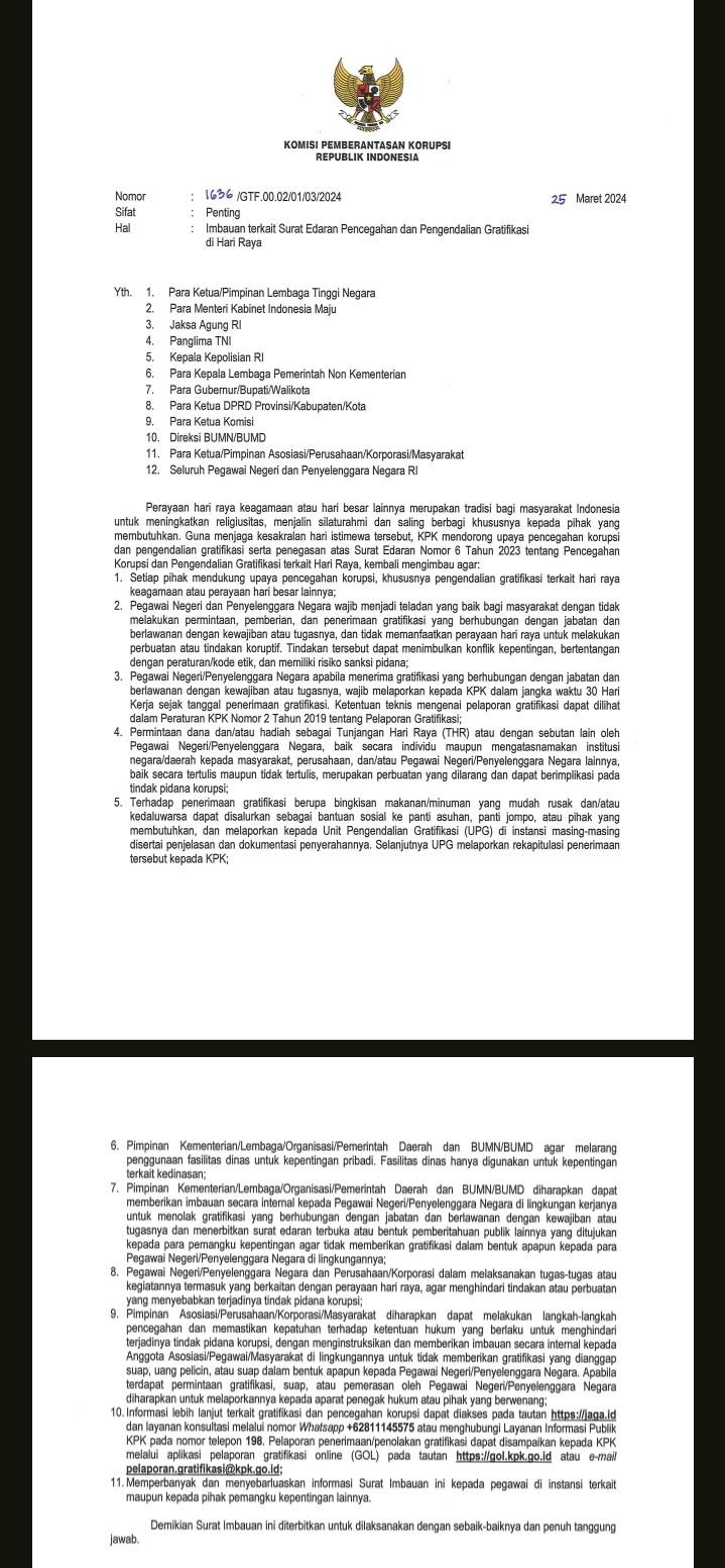 Imbauan Terkait Surat Edaran Pencegahan dan Penanggulangan Gratifikasi Menjelang Hari Raya