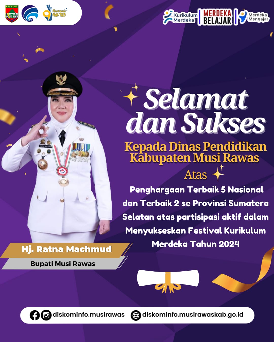 Selamat kepada Kepala Dinas Pendidikan Kabupaten Musi Rawas atas Penghargaan 5 terbaik Nasional dan Terbaik Ke 2 se Provinsi Sumatera Selatan pada Festival Kurikulum Nasional 2024