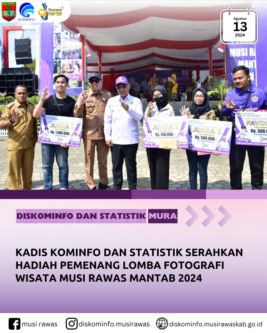 Kadis Kominfo dan Statistik Serahkan Hadiah Pemenang Lomba Fotografi Wisata Musi Rawas MANTAB 2024