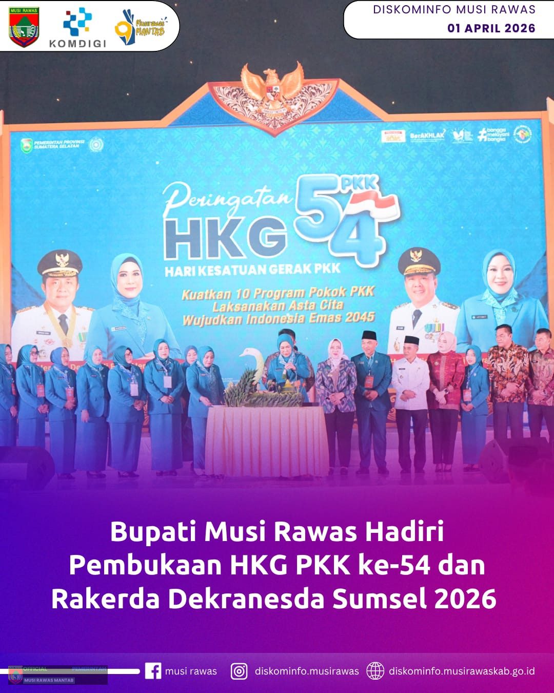 Bupati Musi Rawas Hadiri Pembukaan HKG PKK ke-54 dan Rakerda Dekranasda Sumsel 2026