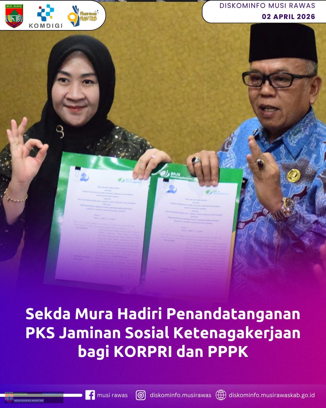 Sekda Mura Hadiri Penandatanganan PKS Jaminan Sosial Ketenagakerjaan bagi Anggota KORPRI dan PPPK